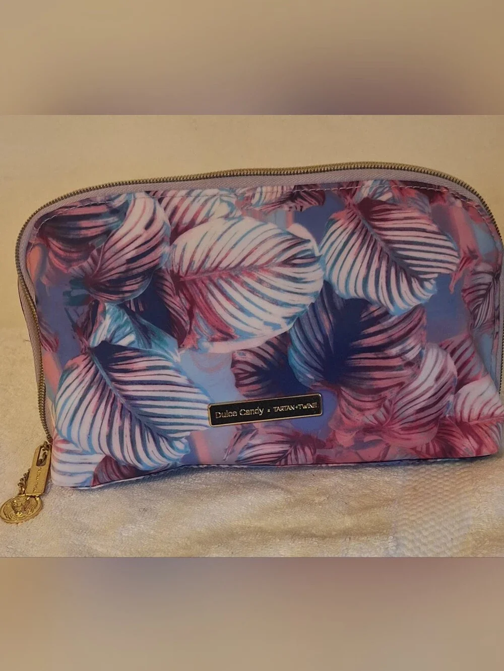 Dulce Candy Tartan Twain 5g Tropical Leaf Cosmetic Pouch - Pink & Blue